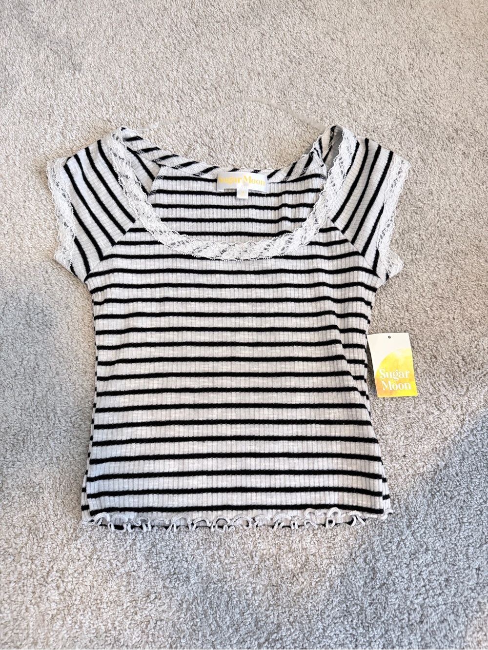 Black & White Striped Lace-Trim Ribbed Top